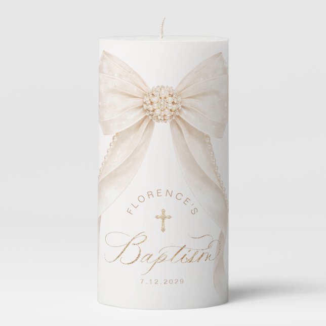 Pearls Gold Bow Girl Baptism Pillar Candle (Front)
