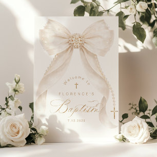 Pearls Gold Bow Girl Baptism Welcome Poster