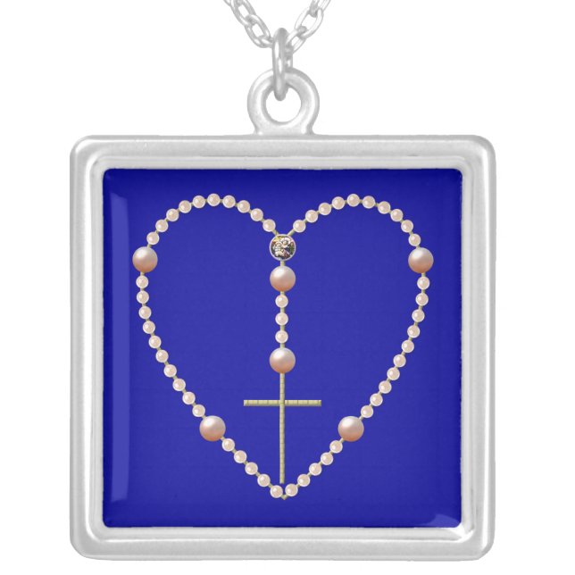 "Pearls" heart shaped Rosary Silver Plated Necklace (Front)