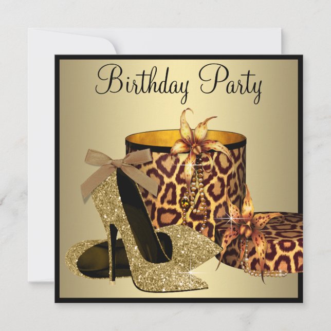 Pearls High Heel Shoes Black Gold Womans Birthday Invitation (Front)