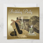 Pearls High Heel Shoes Black Gold Womans Birthday Invitation | Zazzle