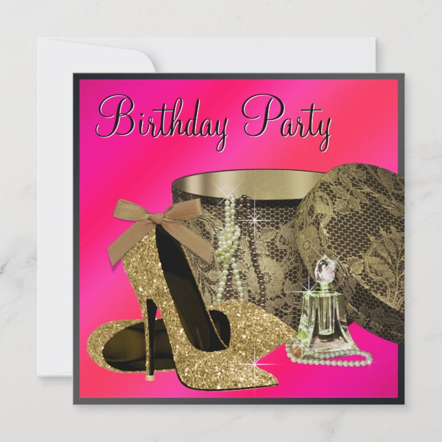 Pearls High Heel Shoes Hot Pink Womans Birthday Invitation (Front)