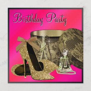 Pearls High Heel Shoes Hot Pink Womans Birthday Invitation