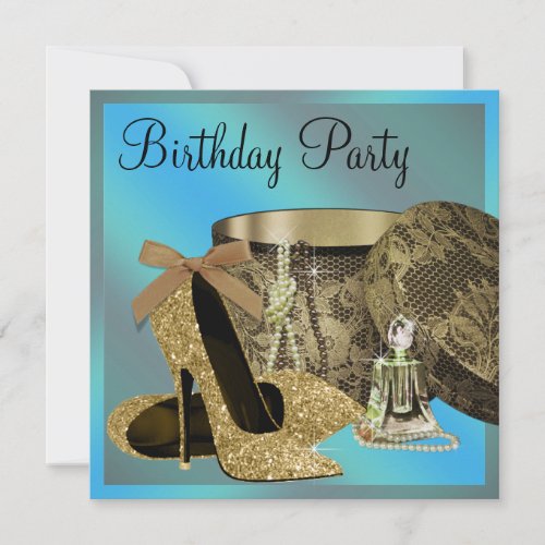 Pearls High Heel Shoes Teal Blue Womans Birthday Invitation