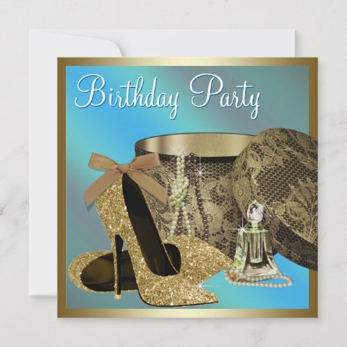 Pearls High Heel Shoes Teal Blue Womans Birthday Invitation