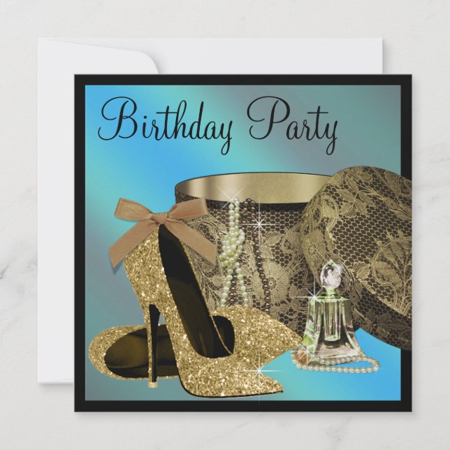Pearls High Heel Shoes Teal Blue Womans Birthday Invitation (Front)