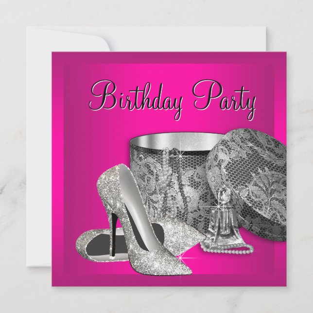 Pearls High Heel Shoes Womans Hot Pink Birthday Invitation (Front)