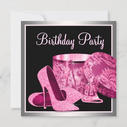 Pearls High Heel Shoes Womans Hot Pink Birthday Invitation