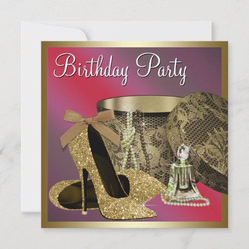 Pearls High Heel Shoes Womans Red Birthday Invitation