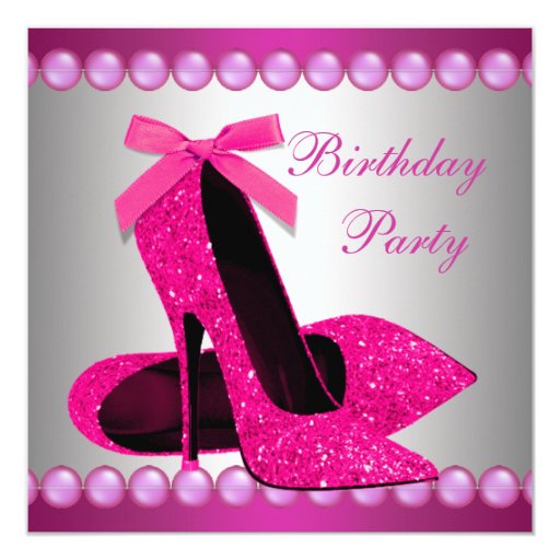 Pearls Hot Pink High Heels Shoes Birthday Party Invitation | Zazzle