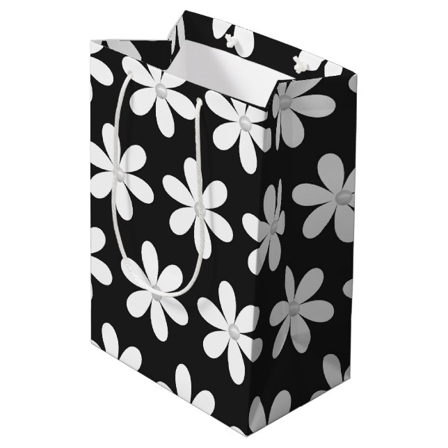 Pearls in Daisies on Black  Medium Gift Bag (Back Angled)