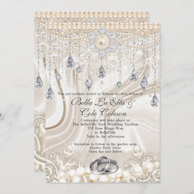 Pearls Lace And Bling Wedding Invitation (Front/Back)
