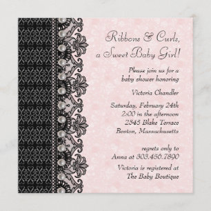 Pearls Lace Pink Black Baby Girl Shower Invitation