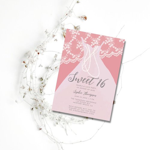 Pearls Lace Pink Princess Dress Sweet 16 Party Invitation