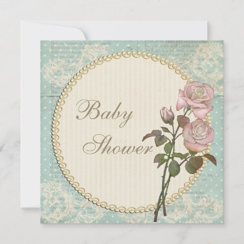 Pearls  Lace Shabby Chic Roses Baby Shower Invitation