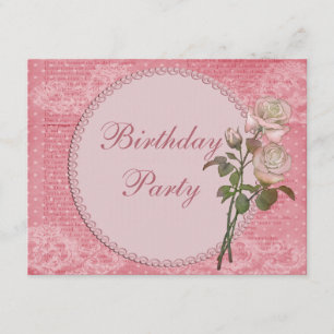 Pearls & Lace Shabby Chic Roses Birthday Invitation