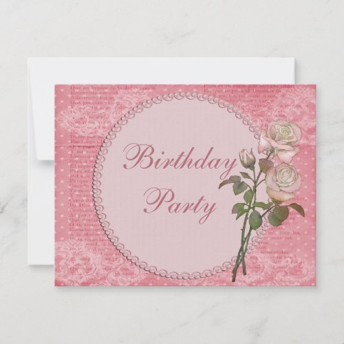 Pearls  Lace Shabby Chic Roses Birthday Invitation