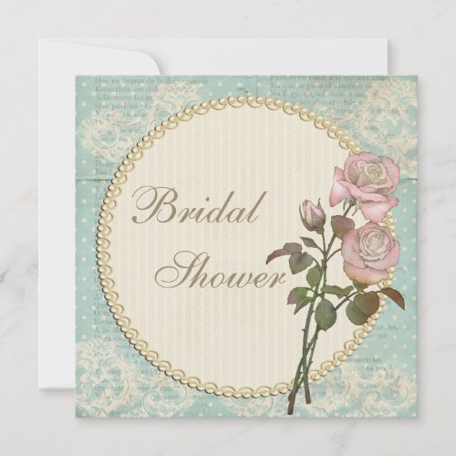 Pearls  Lace Shabby Chic Roses Bridal Shower Invitation