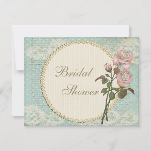 Pearls  Lace Shabby Chic Roses Bridal Shower Invitation