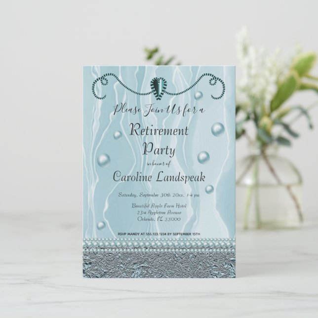 Pearls & Light Blue Silk Retirement Party Invitation (Standing Front)
