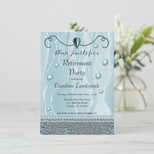 Pearls  Light Blue Silk Retirement Party Invitation