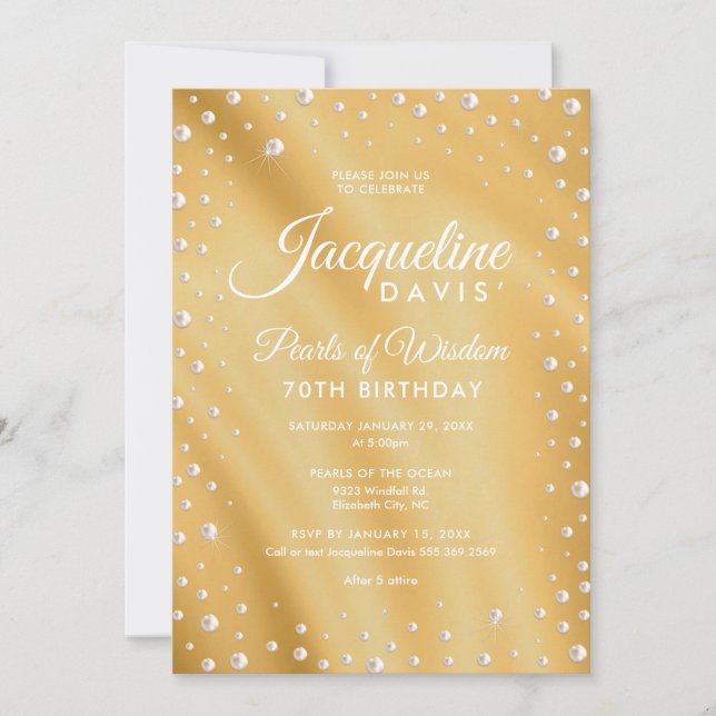 Pearls of Wisdom Gold and Pearl Birthday Invitation (Front)