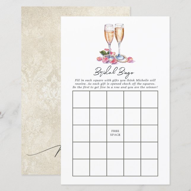 Pearls, Peta and Prosecco Bridal Shower Bingo Game (Front/Back)