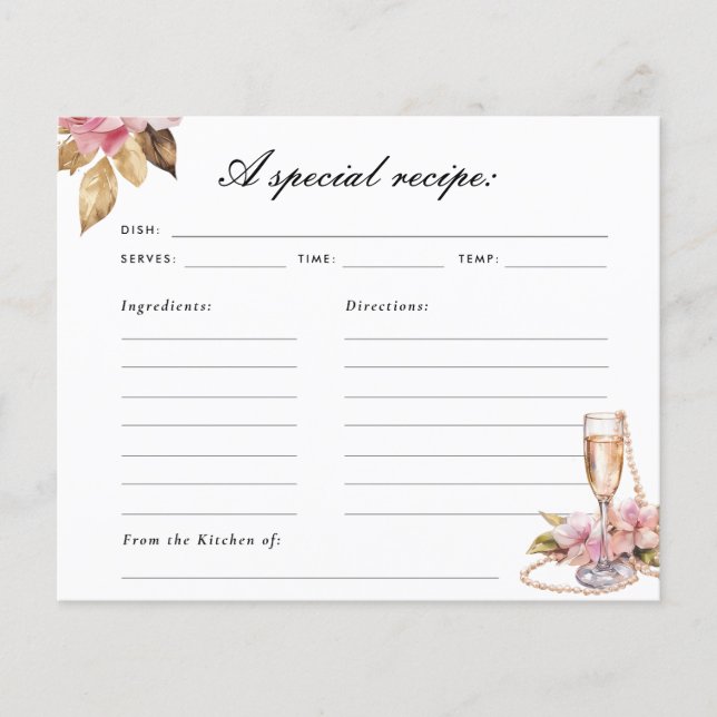 Pearls Petals Prosecco Bridal Shower Recipe Card (Front)