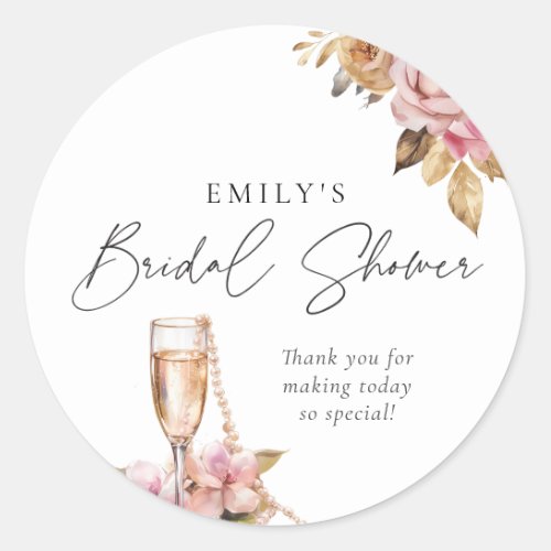 Pearls Petals  Prosecco Floral Bridal Shower Classic Round Sticker