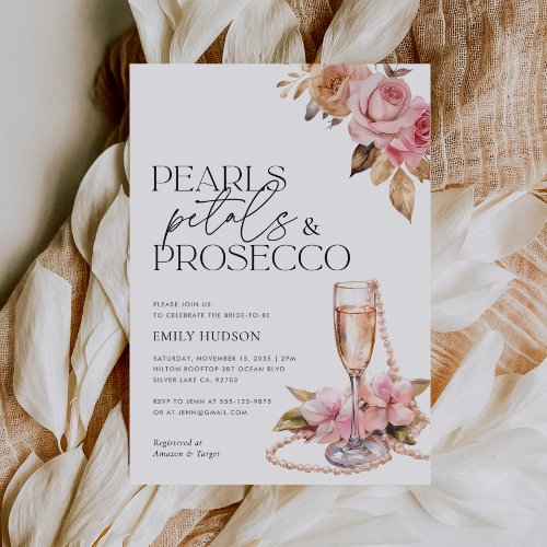 Pearls Petals  Prosecco Floral Bridal Shower Invitation