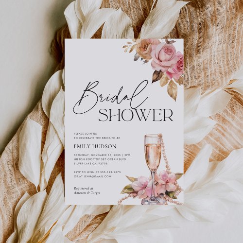 Pearls Petals  Prosecco Floral Bridal Shower Invitation