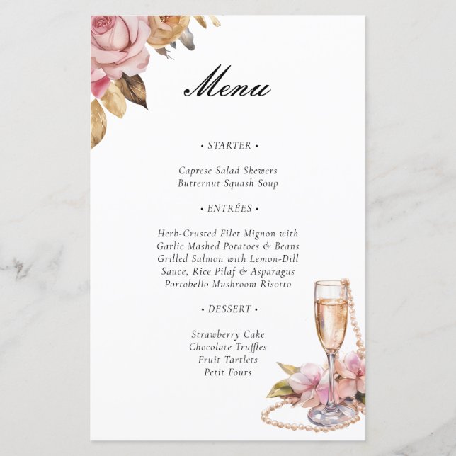 Pearls Petals & Prosecco Floral Bridal Shower Menu (Front)