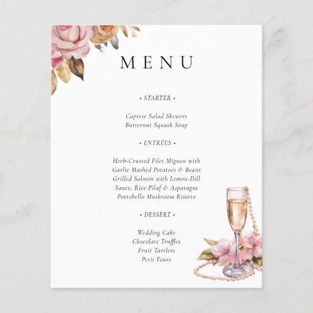 Pearls Petals & Prosecco Floral Bridal Shower Menu (Front)