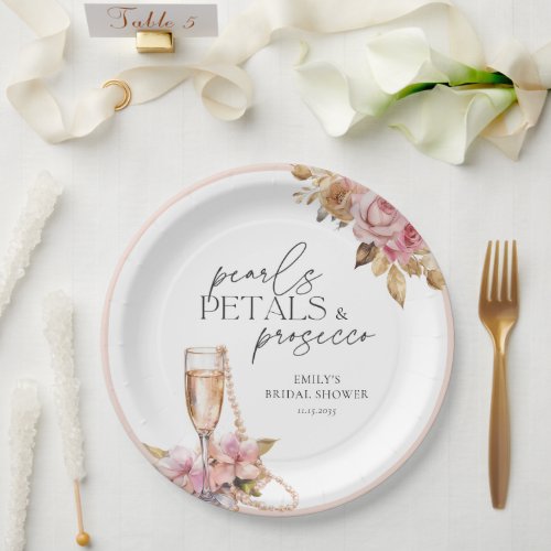 Pearls Petals  Prosecco Floral Bridal Shower Paper Plates