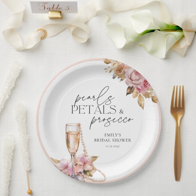 Pearls Petals & Prosecco Floral Bridal Shower Paper Plates (Wedding)