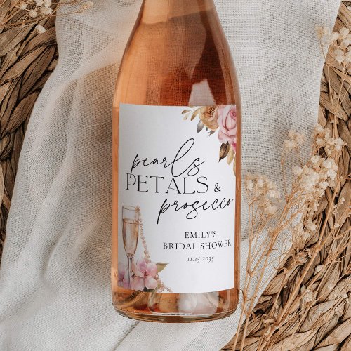 Pearls Petals  Prosecco Floral Bridal Shower Wine Label