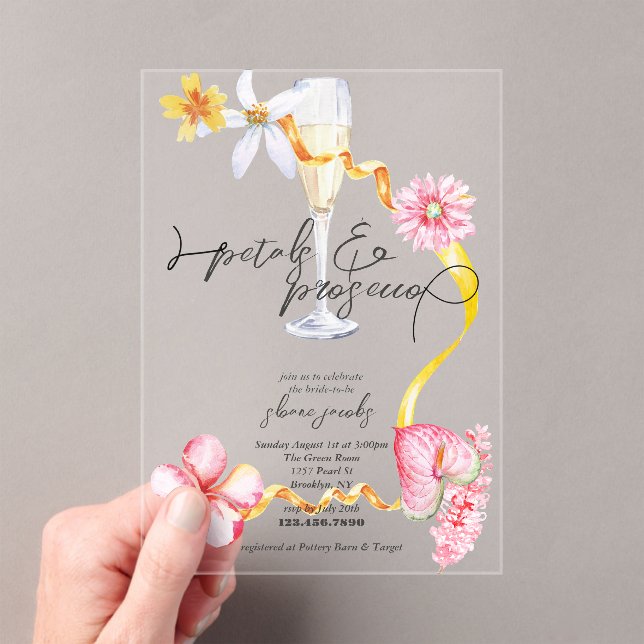 Pearls, Petals + Prosecco | Petals Bridal Shower  Acrylic Invitations (Insitu (Handheld))