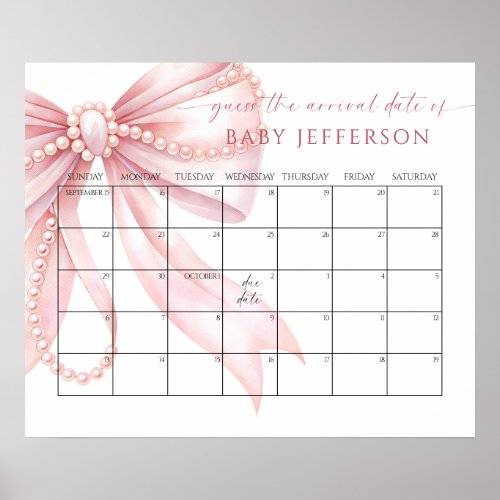 Pearls Pink Bow Baby Guess Due Date Calendar Poster