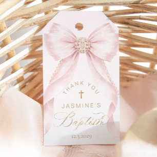 Pearls Pink Bow Baptism Thank you Gift Tags