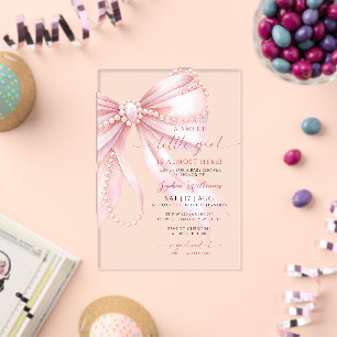 Pearls Pink Bow Sweet Little Girl Baby Shower Acrylic Invitations