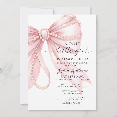 Pearls Pink Bow Sweet Little Girl Baby Shower Invitation