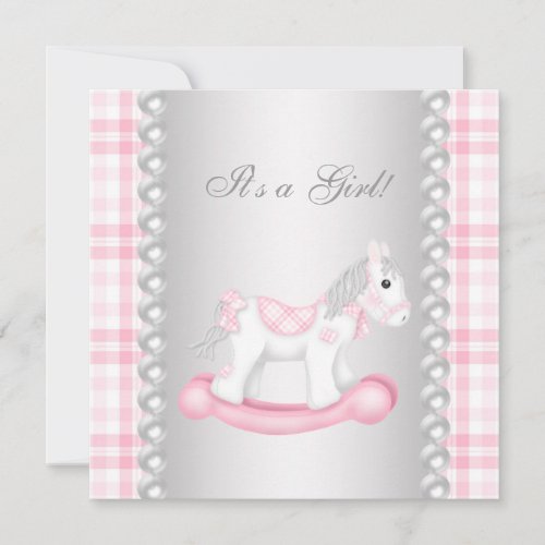 Pearls Pink Gingham Rocking Horse Baby Girl Shower Custom Announcement