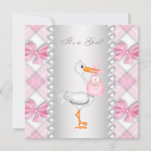 Pearls Pink Stork Baby Shower Invitation
