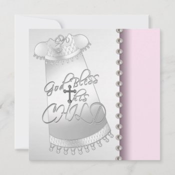 Pearls Pink White Baby Girl Christening Invitation by BabyCentral at Zazzle