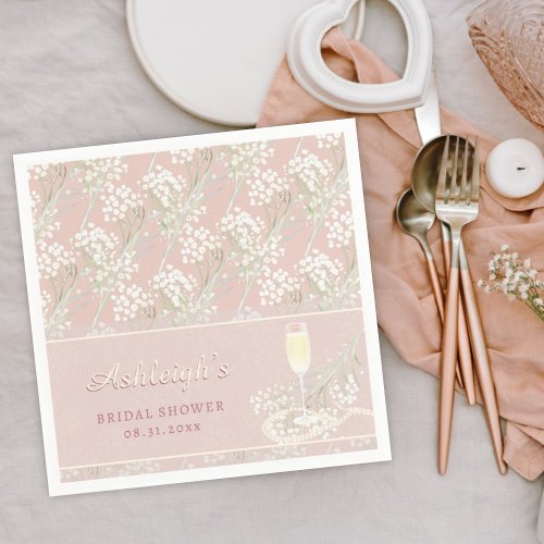 Pearls  Prosecco Babys Breath Blush Bridal Shower Napkins