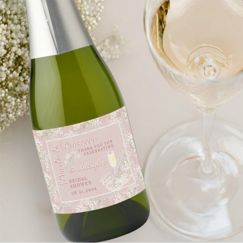 Pearls  Prosecco Babys Breath Blush Bridal Shower Sparkling Wine Label