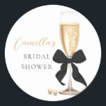 Pearls & Prosecco Black Bow Bridal Shower Classic Round Sticker<br><div class="desc">Glitter Pearls & Prosecco Bridal Shower Stickers</div>