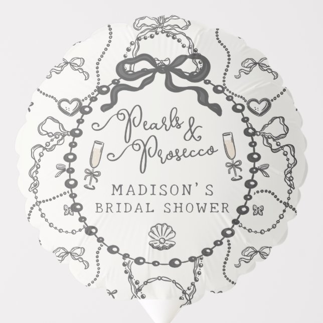 Pearls & Prosecco Black Bow Bridal Shower Favor Balloon (Front)