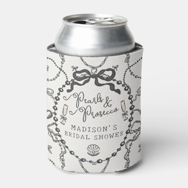 Pearls & Prosecco Black Bow Bridal Shower Favor Can Cooler (Can Front)
