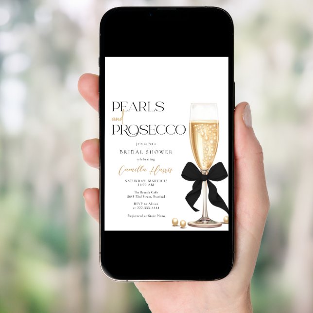 Pearls & Prosecco Black Bow Bridal Shower Invitation (Front Digital)